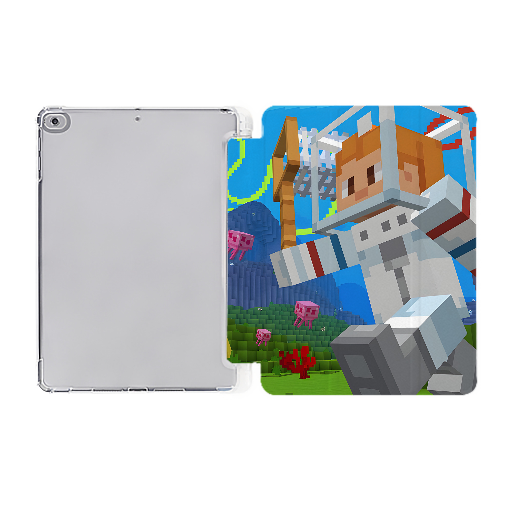 （画像用） マインクラフト ブロックの世界 Minecraft MC Block world IPad ケース ペン収納付き 三つ折りスタンド PUレザー×シリコン 対応機種9.5/10.5/10.9インチ